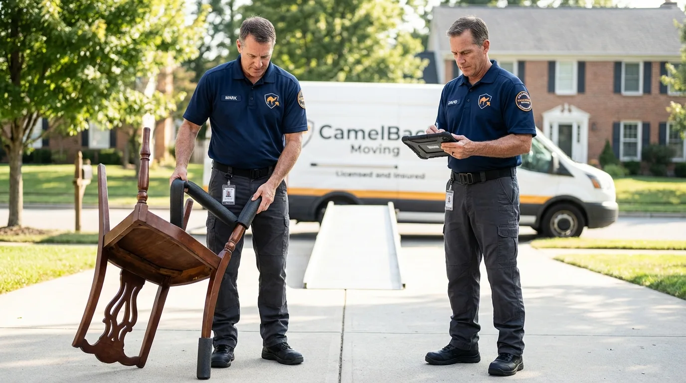 Movers inspecting furniture for damage prevention before loading in Ellicott City, MD