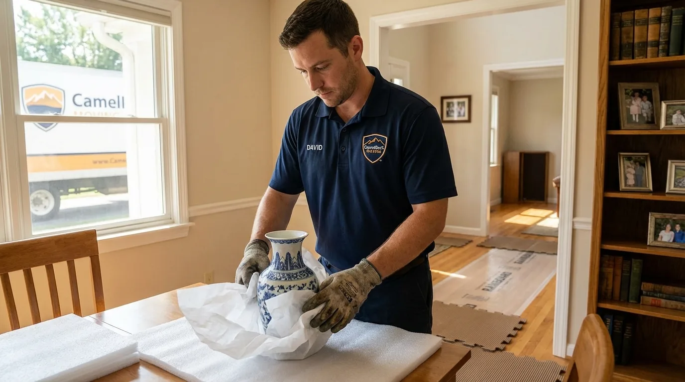 Professional crew carefully wrapping antique vase for senior downsizing move in Ellicott City, MD